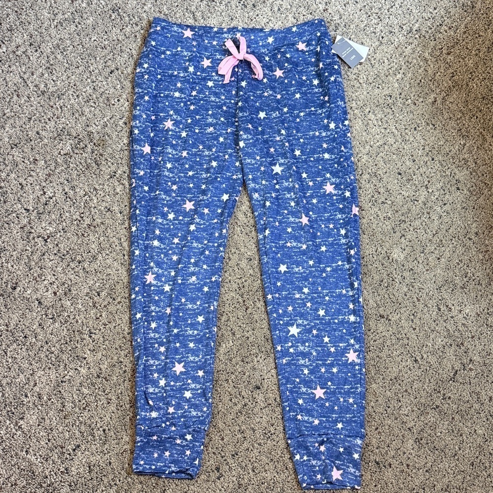 Pj Couture Blue w Pink & White Stars Pajama Lounge Pants Soft Stretchy Light NWT